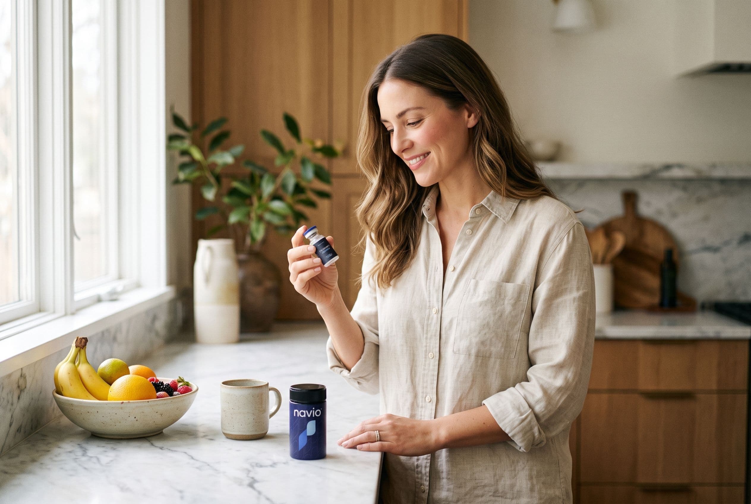 Woman smiling in a bright kitchen holding a Navio bottle