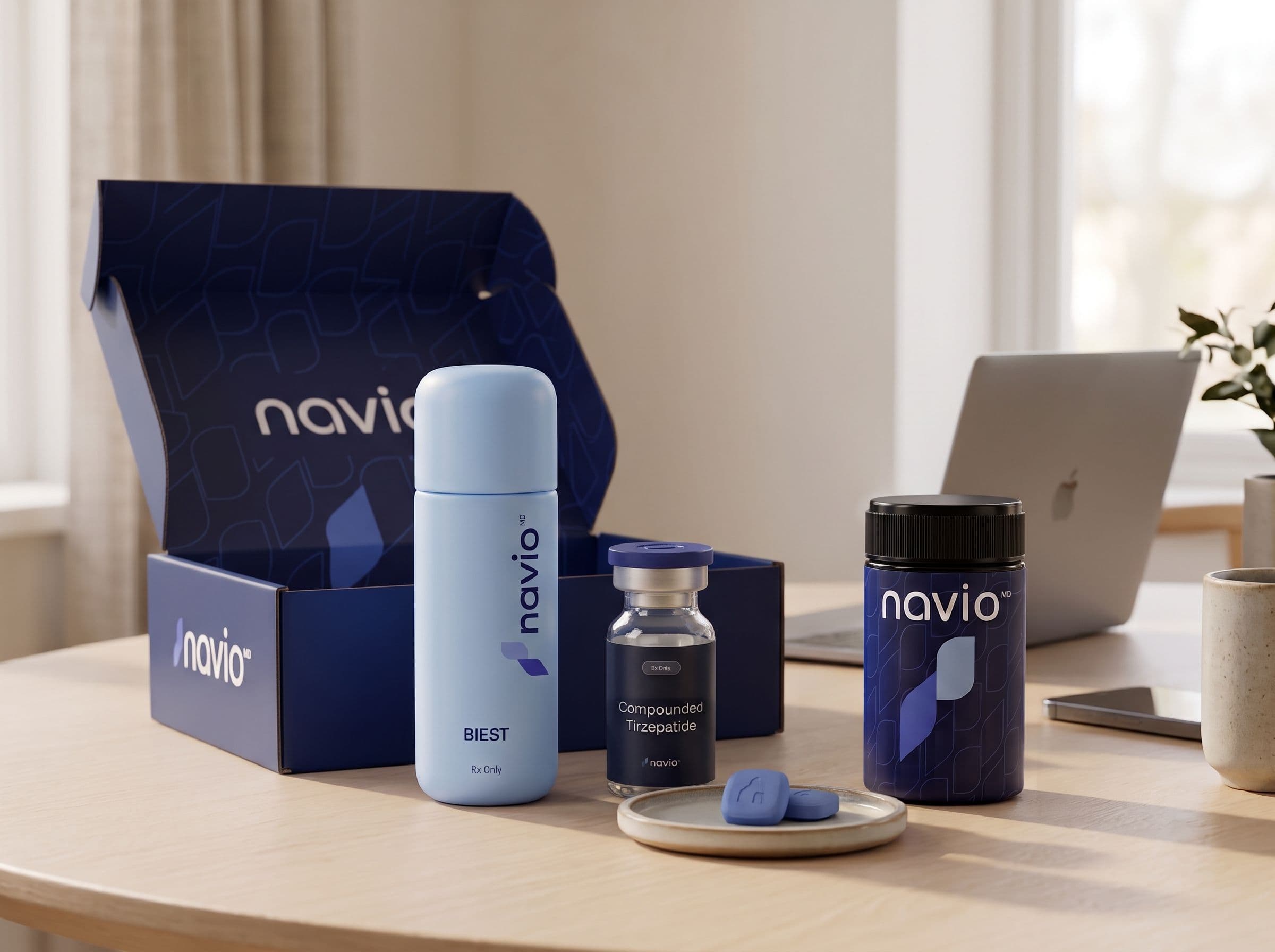Navio treatment box, bottles and vial on a table beside a laptop